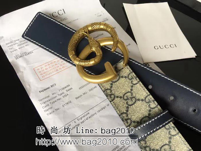 古馳CUCCI 高級人造革面料 頭層小牛皮底 純銅古金蛇紋扣 奢華時尚男士皮帶 GHG1266